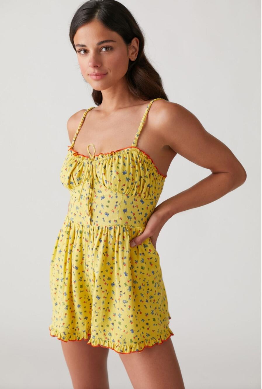 UO URBAN OUTFITTERS NWT Betti Print Yellow Linen Blend Romper // L